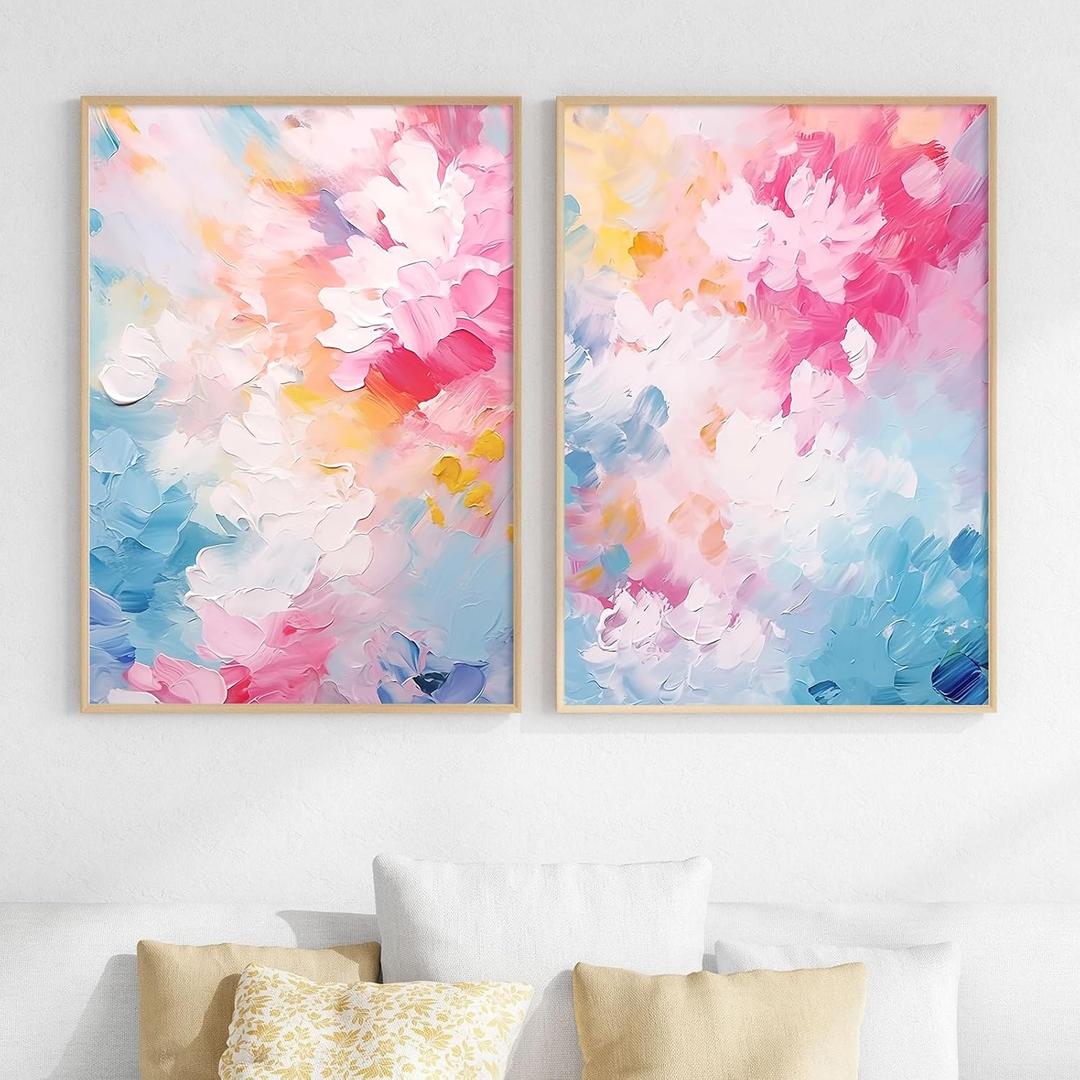 Pink Blue Abstract Painting Colorful Flower Canvas Wall Art Bright Color Pictures Pastel Pink Posters Colorful Abstract Art Prints Pink Blue and White Wall Art Multicolor Artwork 16x24inx2 No Frame