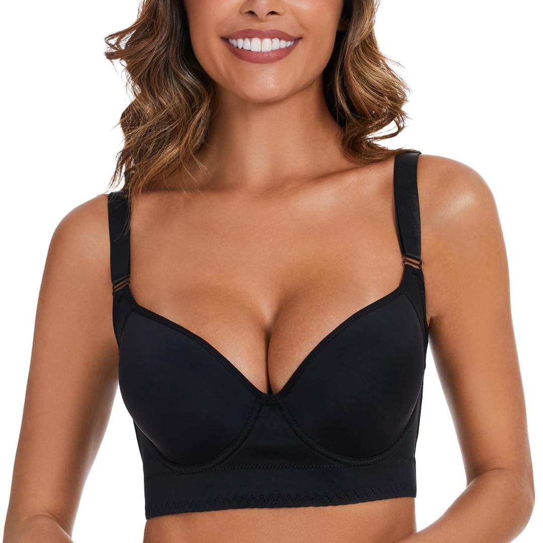 Sutliant Push Up Bra for Women, Full Back Coverage Bras Deep Cup Hide Back Fat Smoothing Seamless Underwire T-Shirt Bras Black (XL)