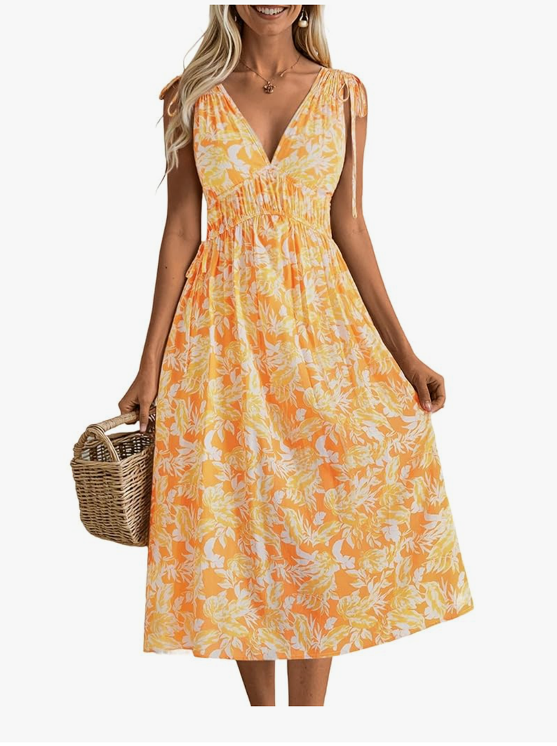 DIRASS 100% Rayon Summer Spring Dresses Drawstrings Tie Waist Smocked Floral Midi Dress with Pockets, Size XL