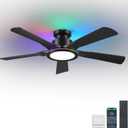 Ceiling Fans with Lights and Remote/APP Control, 52" Low Profile Flush Mount Ceiling Fan with Dimmable RGB Ring Light, 5 Reversible Curved Blades 3 CCT 6 Speeds for Bedroom Party, Black