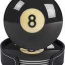 Black 8 Billiard Coasters for Drinks with Holder Round Leather Coasters Set of 6 Cups Mugs Mat Pad for Home Kitchen Bar