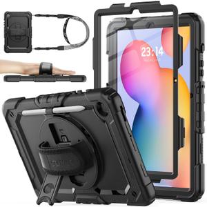 SEYMAC stock Case for Samsung Galaxy Tab S6 Lite 10.4 (2024-2020) with Screen Protector Pencil Holder [360 Rotating Hand Strap] &Stand, Drop-Proof Case for Galaxy Tab S6 Lite Tablet, All Black