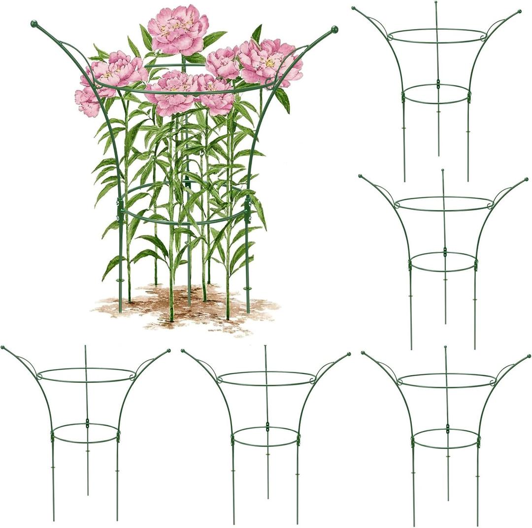 6 Pack Peony Cages and Supports Cages 13" D x 22.8" H Heavy Duty Metal Support Frame for Peonies & Roses Natural Bouquet Shape Garden Stakes for Outdoor Plants Flowers Ornamental (Green)