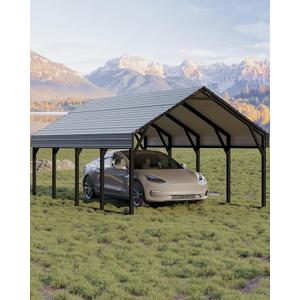 GarveeLife 12x20 ft Metal Carport, Reinforced Frame and Steel Roof for All-Weather Use, Permanent Shelter for Bass Boats, Full-Sized Pickup Trucks, and Tractors (Gray)