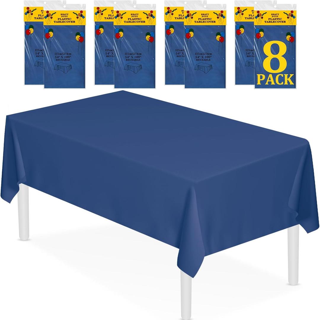 XSEINO 8 Pack 54" x 108" Premium Navy Blue Plastic Table Cloth, Disposable Rectangle Tablecloths Waterproof Table Cover for Birthday Wedding Anniversary Graduation Party Decorations Supplies