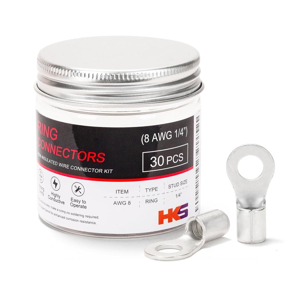 HKS 30PCS Non-Insulated Ring Terminals, 1/4 Stud, AWG 8 (6-10mm) Tinned Red Copper Crimp Connectors, M6 Bolt Size, Uninsulated Wire Lugs for Electrical Wiring & Automotive Applications