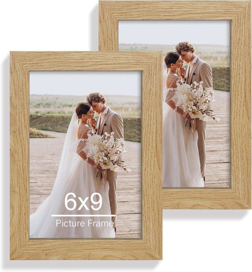 Hongkee 6x9 Picture Frame Set of 2, Made of Real Glass and Natural Oak Wooden Frame - 6 by 9 Photo for Wall or Tabletop Display, Natural Oak