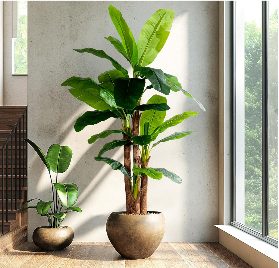 Erimda 8.2FT Artificial Banana Tree, Lifelike Fake Banana Leaf Tropical Silk Tree, Easy Assembly Faux Floor Plant with Sturdy Trunk, Maintenance Free for Indoor Home Patio Pool Outdoor Tropical Decor
