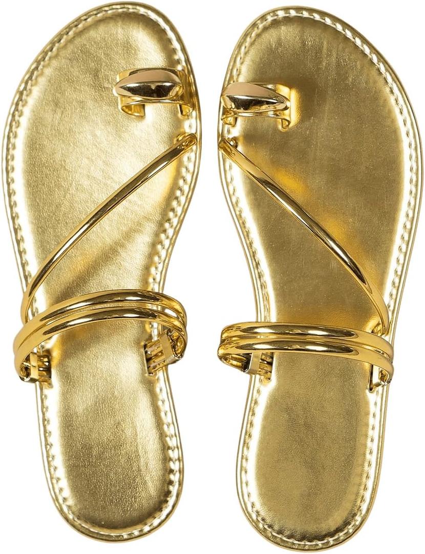 Verdusa Women's Metallic Open Toe Ring Sandals Summer Strappy Flat Sandals (7, Gold)
