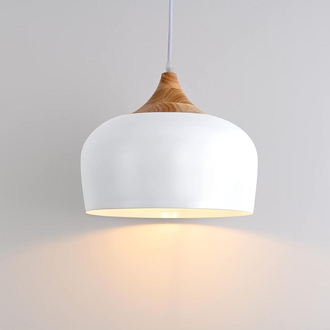 Modern Solid Wood Pendant Light, Large Ceiling Hanging Lamp with Dome Metal Shade, Adjustable Light Fixture for Kitchen Island, Dining Room, Bedroom, Hallway, Entryway - White