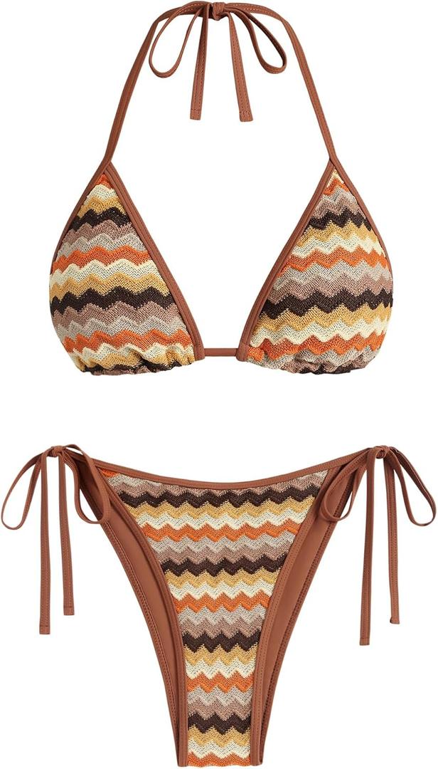 ZAFUL Women's Colorblock Stripes Triangle Halter Tied Cheeky Thong Bikini Set High Cut Two Piece Bathing Suit (Medium, 1-coffee)