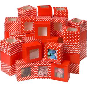 100 Pcs Valentine's Day Cookie Boxes for Gift Giving 4 x 4 x 2.5 Inch Small Red and White Bakery Treat Boxes with Window for Holiday Party Dessert Candy Pastry Cupcake Donut Packaging