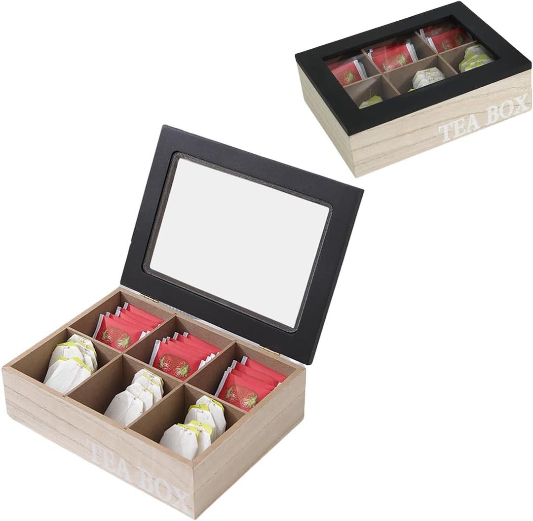 Vintage Burlywood Wooden Tea Organizer Box with Glass Lid, 6 Compartments Tea Bag Organizer, 9 Inches Tea Storage Organizer, Tea Storage Chest, Kitchen Storage Chest Box (Black Lid)