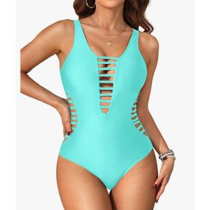 Aqua Eve Women Sexy One Piece Swimsuits Plunge Deep V Neck Cutout Bathing Suits, Lake Blue, XL