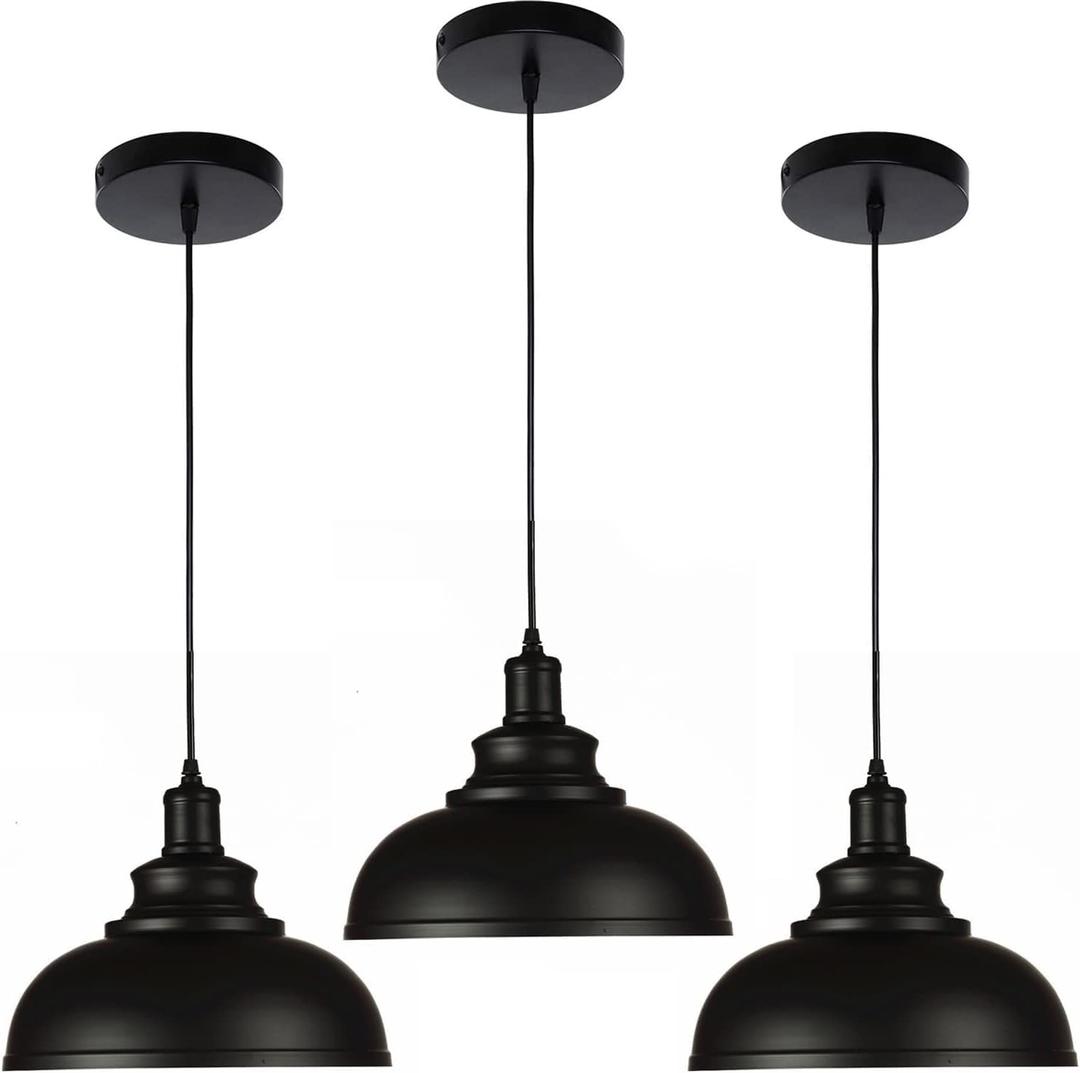 Black Dome Metal Pendant Lights - Hanging Ceiling Fixture for Industrial, Farmhouse Kitchen Island, Dining Room, Foyer (3 pack)