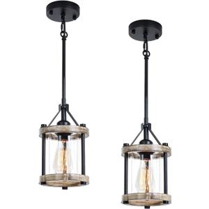 Farmhouse Pendant Light, Rustic White Wood Metal Cage Hanging Light Fixtures with Glass, 43 Inch Adjustable for Flat and Slop Ceiling, Pendant Lighting for Kitchen Island Foyer Hallway, 2 Pack, 6.3 inches x 6.3 inches x 43 inches