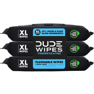 DUDE Wipes Unscented Flushable Wipes - Extra-Large Adult Wet Wipes for Sensitive Skin - 3 Pack (144 Count) - Infused with Vitamin E and Aloe - Septic and Sewer Safe