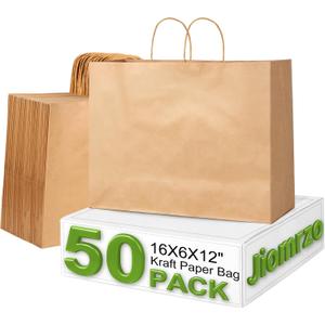 Jiomrzo 50 Pcs Large Brown Kraft Paper Bags with Handles (16x6x12 Inches) - Recycled Bulk Paper Bags for Small Business, Shopping, Gifts, Retail & Grocery