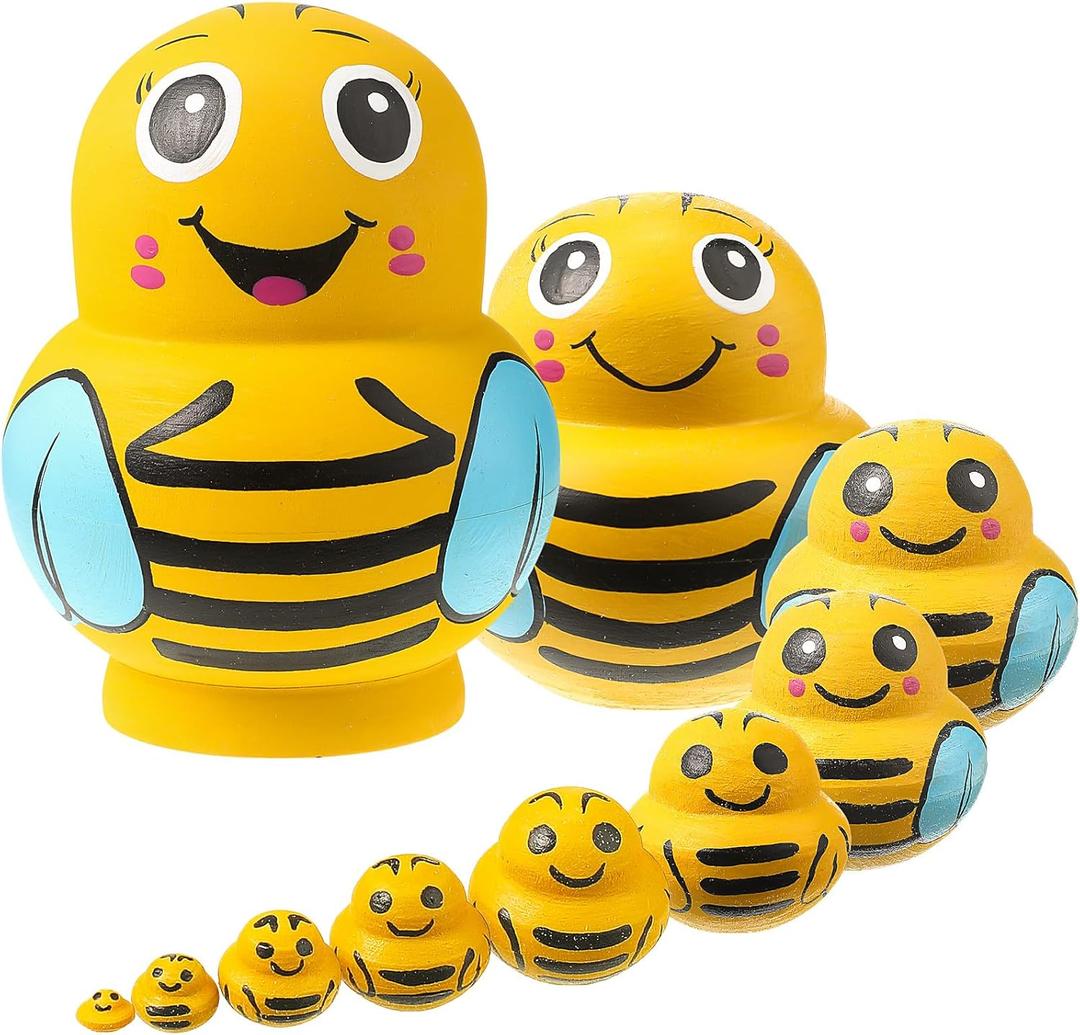 Seenelling 10 Pcs Wooden Handmade Russian Nesting Dolls Toys Animal Russian Cute Nesting Dolls for Christmas Home Decor Birthday Gift(Yellow Bee)