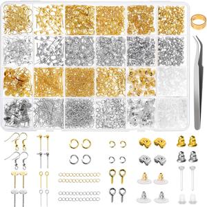 Earring Making Supplies Kit, Caffox 2900pcs Earring Hardware Pieces Repair Parts with Earring Hooks Posts Backs and Jump Rings for Making Earrings Studs and Jewelry Making (Silver & Gold)