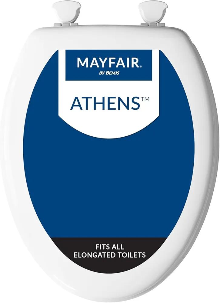 Mayfair Athens Toilet Seat, Easy Clean Hinges and Durable Wood Seat, Elongated, White