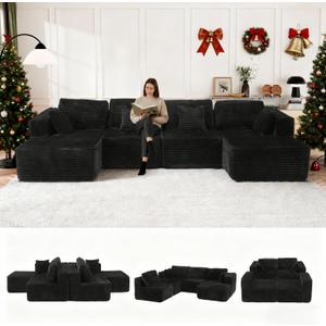 132" U Shaped Sectional Couch, Large Modular Cloud Couches with Double Chaise Lounge, Comfy Flannel Cloud Sofa with Pillows, Boneless Couches for Living Room, Black