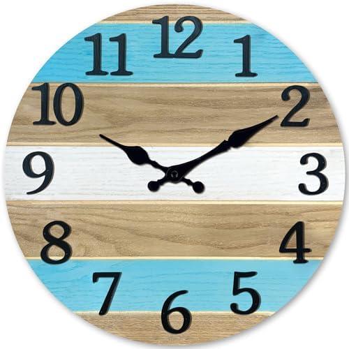 Round Farmhouse Clocks Battery Operated 24 Inch Oversized Wall Clock for Office Wood Solid Blue Silent Wall Clock Non Ticking