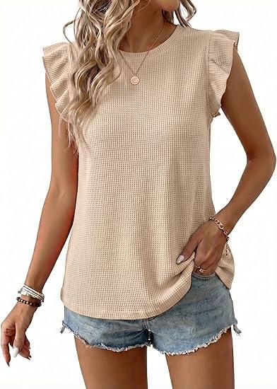 BLENCOT Women's Tops Summer Crewneck Ruffle Casual Spring Sleeveless Waffle Cute Shirt Flowy 2026 Fashion Camisole Beige L