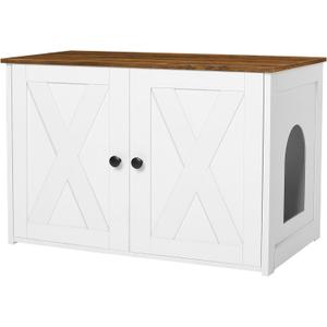 Dwanton Litter Box Enclosure, Cat Litter Box Furniture Hidden, Reversible Entrance Can Be on Left or Right Side, Wooden Cat Washroom Indoor, White and Warm Brown, 27.6 Inches