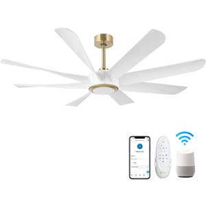 60 Inch White Gold Ceiling Fan with Light and Remote Control High CFM Quiet DC Motor Large Modern Smart Ceiling Fan with Dimmable Light, 6 Speeds, Reversible Direction