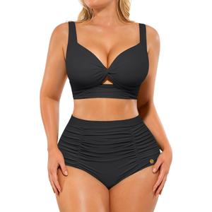 SHAPELLX High Waisted Bikini Tummy Control Two Piece Swimsuits for Women Ruched Bathing Suit Twist Front Bikini Sets (Large, A1-black)