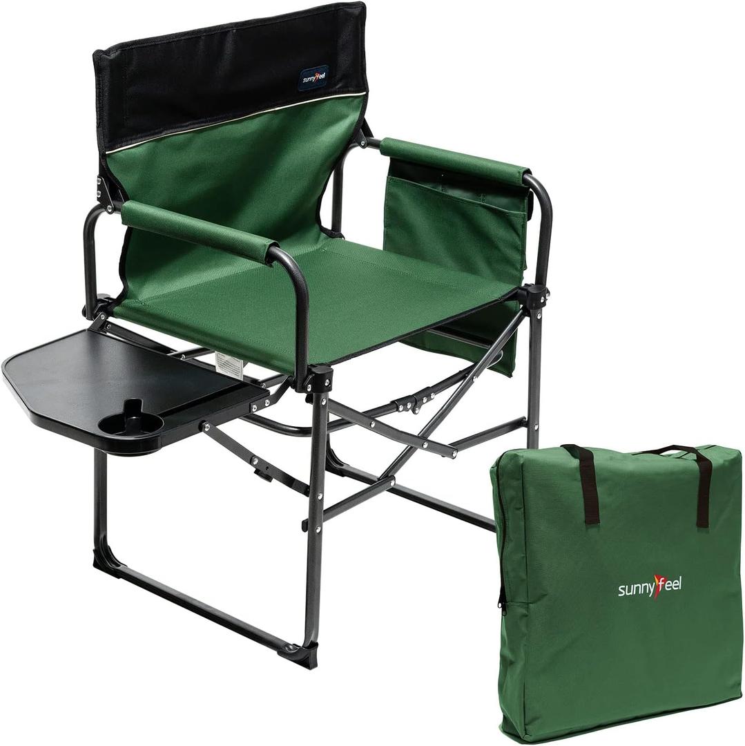SUNNYFEEL Camping Directors Chair, Heavy Duty,Oversized Portable Folding Chair with Side Table, Pocket for Beach, Fishing,Trip,Picnic,Lawn,Concert Outdoor Foldable Camp Chairs (Green)
