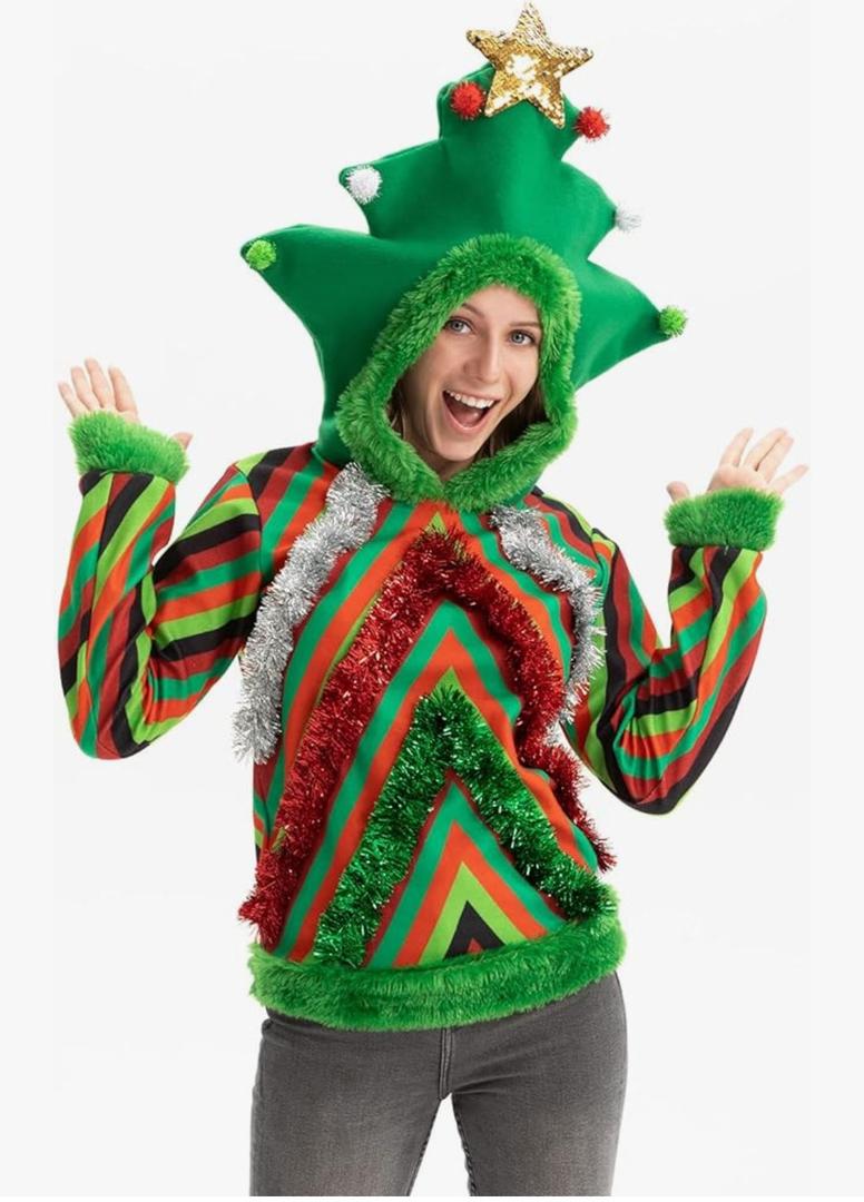 Women Ugly Christmas Hoodie for Adult Men`s Unisex Xmas Hooded Sweater Pullover for Party Festive Tinsel Rocks Medium