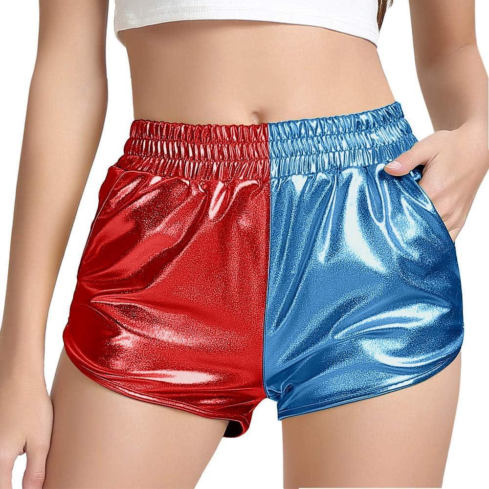 Women's Yoga Hot Shorts Elastic Waist Shiny Metallic Short Pants (Medium, Red-blue)