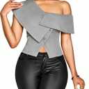 OYOANGLE Women's Off The Shoulder Tops for Women Going Out Summer Trendy Short Sleeve T Shirts Button Asymmetric Split Hem Dressy Blouses, M