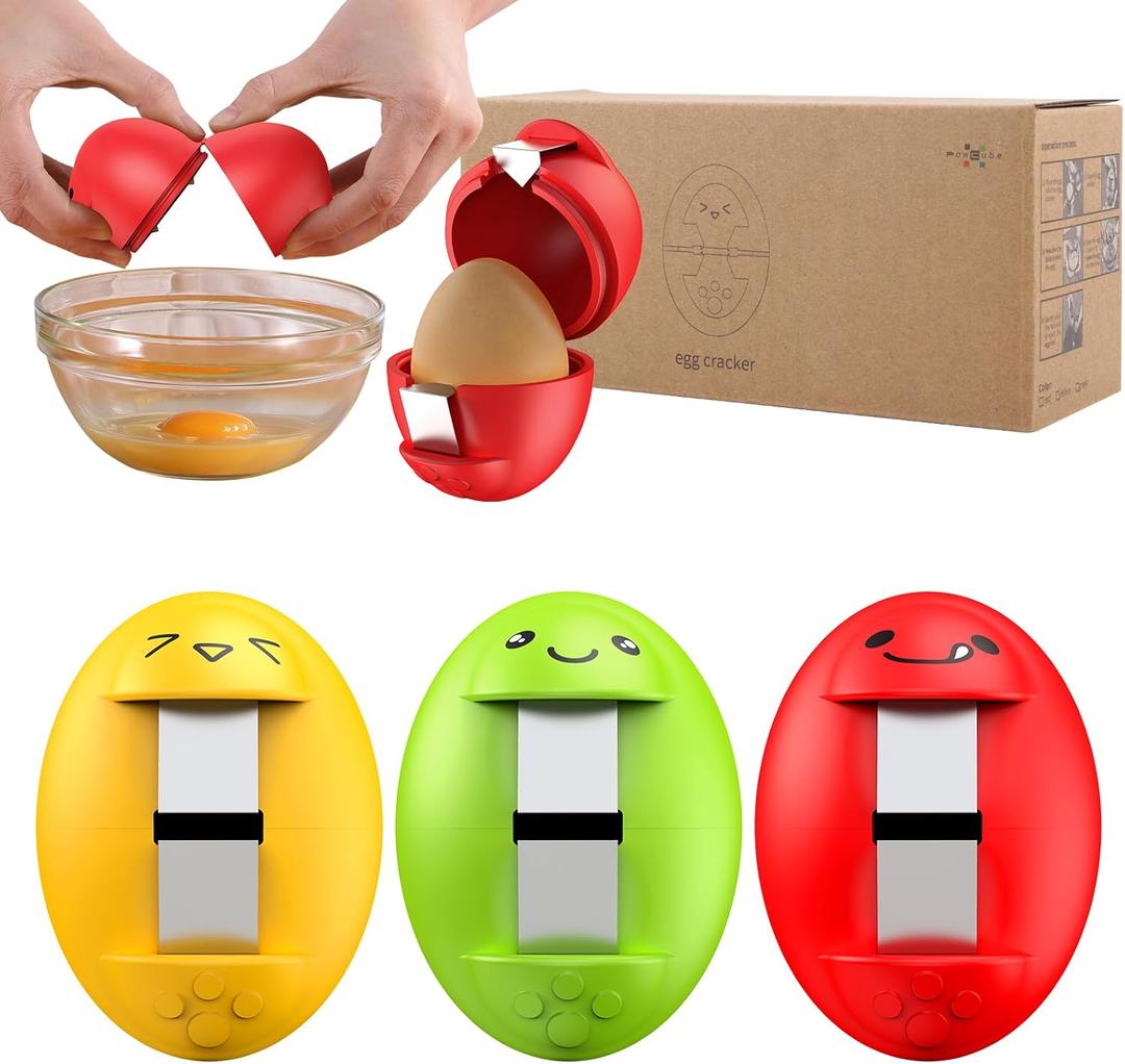 Egg Cracker, Silicone Egg Shell Opener, Cute Egg Shaped Design, Opens Eggs with Ease, A Little Happiness Boost for Your Kitchen. (3-PackGreen, Red, Yellow) (Mixed Colors)