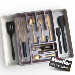 Mueller Flatware Kitchen Drawer Organizer, 19.7" x 15" Silverware Organizer, 6 Compartments, Heavy-Duty, Cutlery Tray for Utensils or Stuff, Dining Room, Living Room, Large, Beige Mocha