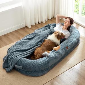 Human Dog Bed for Adult - Luxury Faux Fur Giant Size Dog Bed with Portable Handle, Egg Orthopedic Foam Bed with Blanket, 72"x40"x10", Grayish Blue (Grey)