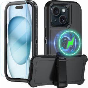 Magnetic for iPhone 15 Plus Case,with Belt Clip,[Compatible with Magsafe] W/Tempered Glass Screen Protector,Anti-Drop,Shockproof,Heavy Duty Protection (Black)