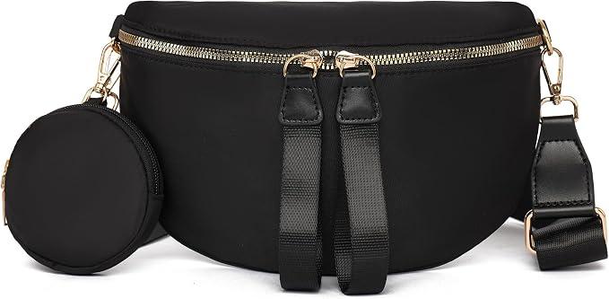 Eslcorri Crossbody Bags for Women, Small Vegan Leather Sling Bag & Fanny Pack, Trendy Crescent Bum Bag with Wide Guitar Strap, Anti-theft Chest Bag for Travel, Commuting & Shopping, Black