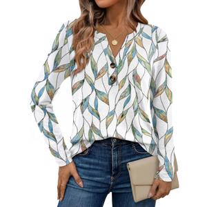 Dealmore Women's Boho Henley Printed Shirts V-Neck Tunic Tops (White, L)