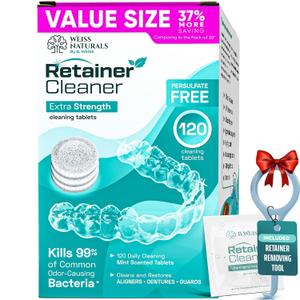 Weiss Naturals Retainer Cleaner Tablets, Invisalign Cleaner, Remove Stains, Odors & Plaque, PERSULFATE FREE Night Guard & Denture Cleaner 4-Month Supply, 120 Mint Scented Tablets