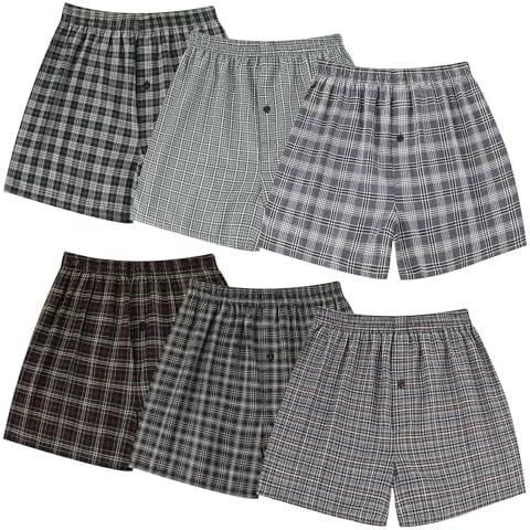 BAMBOO COOL Men's Underwear Woven Boxer Shorts,Classic Relaxed Fit,Lightweight Plaid Boxers,6 Pack, Medium