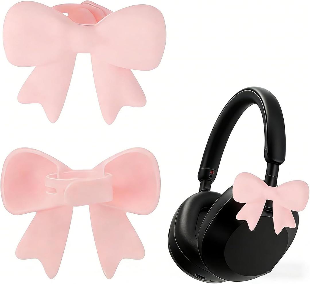 2 x 2 Pack Pink Bow Headphone Decorations, Adjustable Silicone Earphone Charms for Girls, Kawaii Headphone Accessories, Compatible with Most Headphones & Earphones