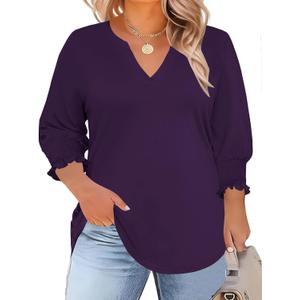 TFSDOD Womens Plus Size Tops 3/4 Sleeve Blouses Summer V Neck Shirts Smocked Cuffs Spring Outfits, Size: XX-Large Plus