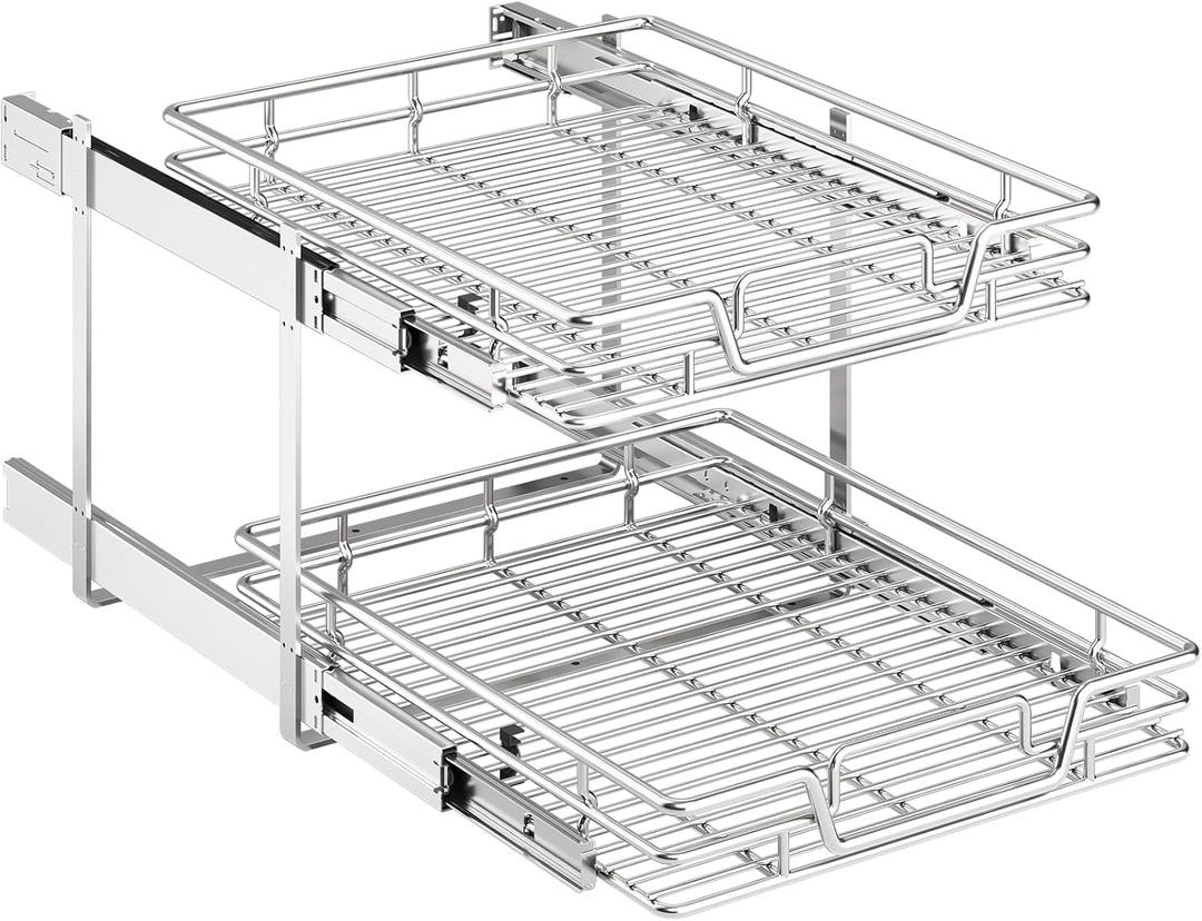 2-Tier Kitchen Cabinet Pull Out Shelf and Drawer Organizer Slide Out Pantry Storaqe Basket in Multiple Sizes (18" W x 21" D)