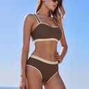 MOOSLOVER Women Bandeau High Waisted Bikini Sets Cheeky High Cut Swimsuit 2 Piece Bathing Suits (Brown, M)