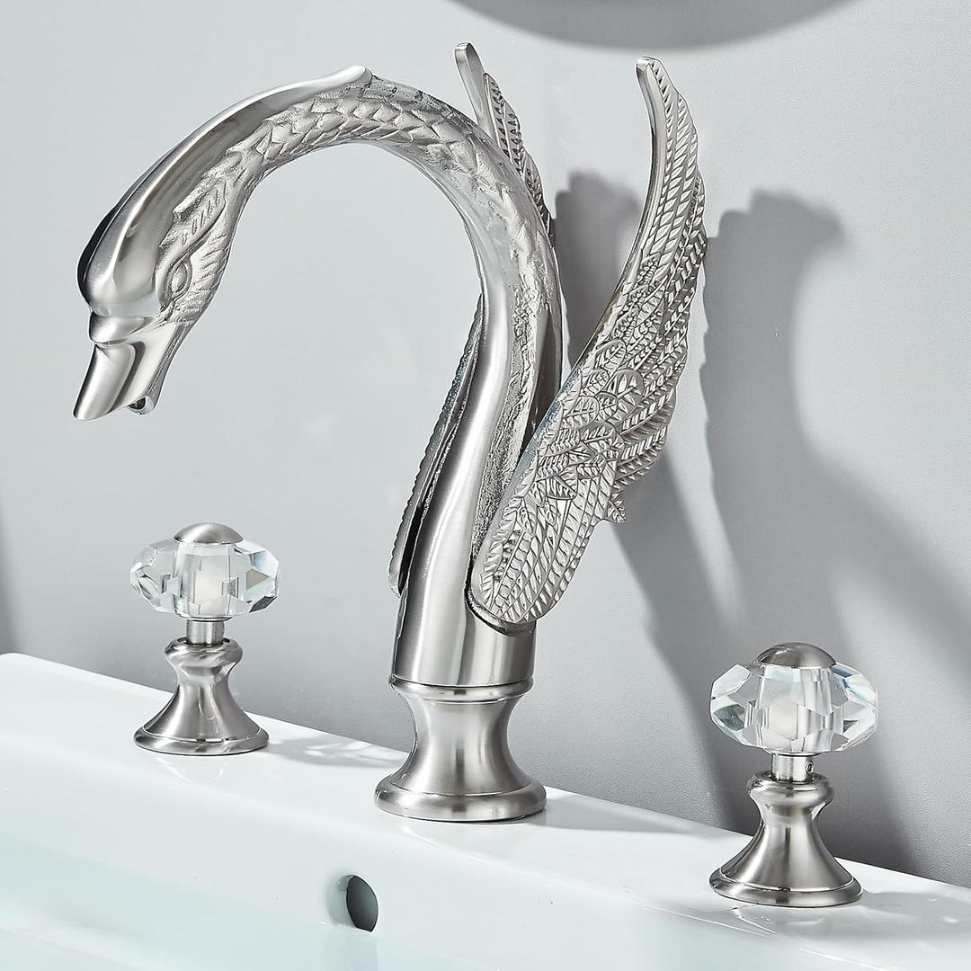 Polished Brushed Swan Shaped 3 Hole Lavatory Faucet with 2 Crystal Knobs,Widespread Bathroom Faucet Swan Design