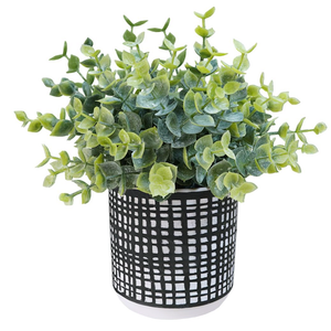 Winlyn Small Faux Potted Plants Artificial Eucalyptus Plant in Chic Gray Geometric Ceramic Pot 7.9" Tall for Modern Home Table Mantel Shelf Office Desktop Greenery Centerpiece Decorations