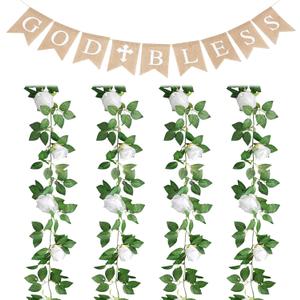 Kosiz 5 Pcs First Communion Decoration Set God Bless Banner with 4 Pcs 26 ft White Flower Garland Fake Vines Faux Artificial Floral Garland Blessed Burlap Banner for Wedding Confirmation Baptism